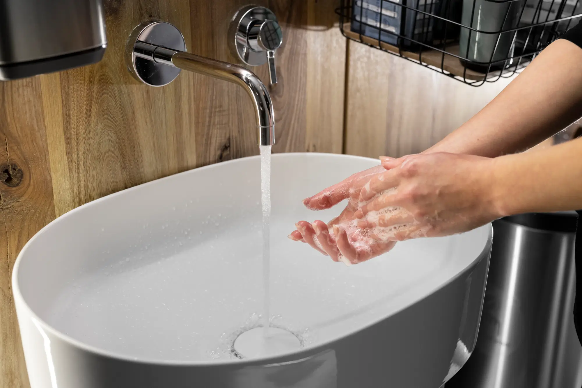 close up washing hands